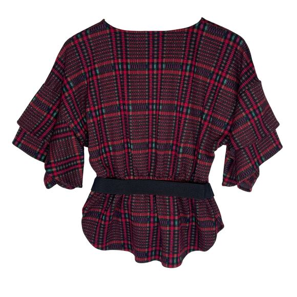ANTHROPOLOGIE EVA FRANCO Women’s Red Plaid Belted Flutter Sleeve Top - Picture 5 of 6